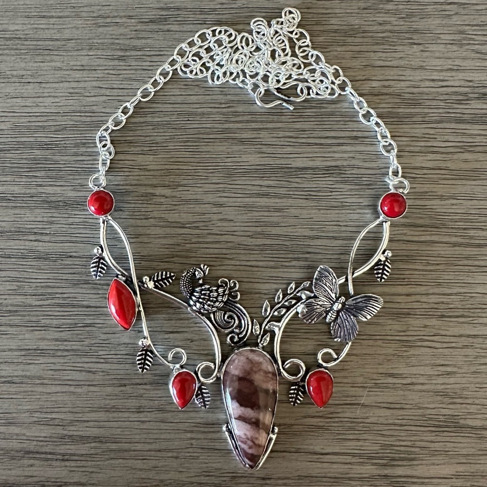 0632 Hand Crafted Silver & Red Peacock Statement Necklace with Filigree Accents - Picture 3 of 11